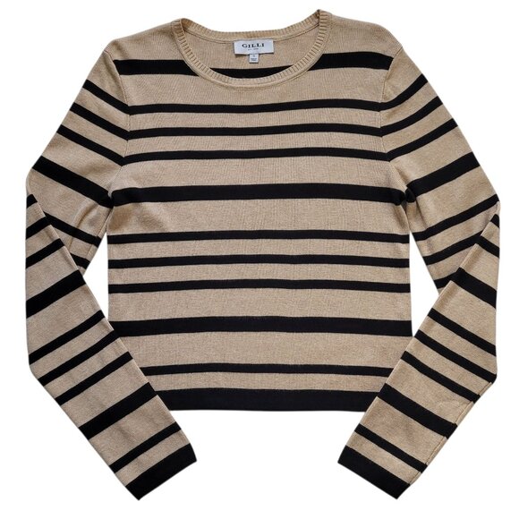 Gilli Womens Tan & Black Striped Long Sleeve Crewneck Sweater Size Small - Picture 1 of 9